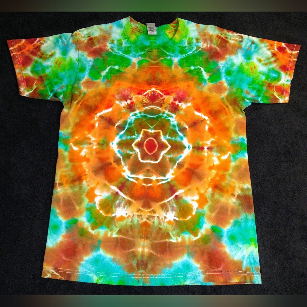 Bright Orange, Green And Blue Mandala Ice Dye Tie Dye T Shirt ~ Sz L